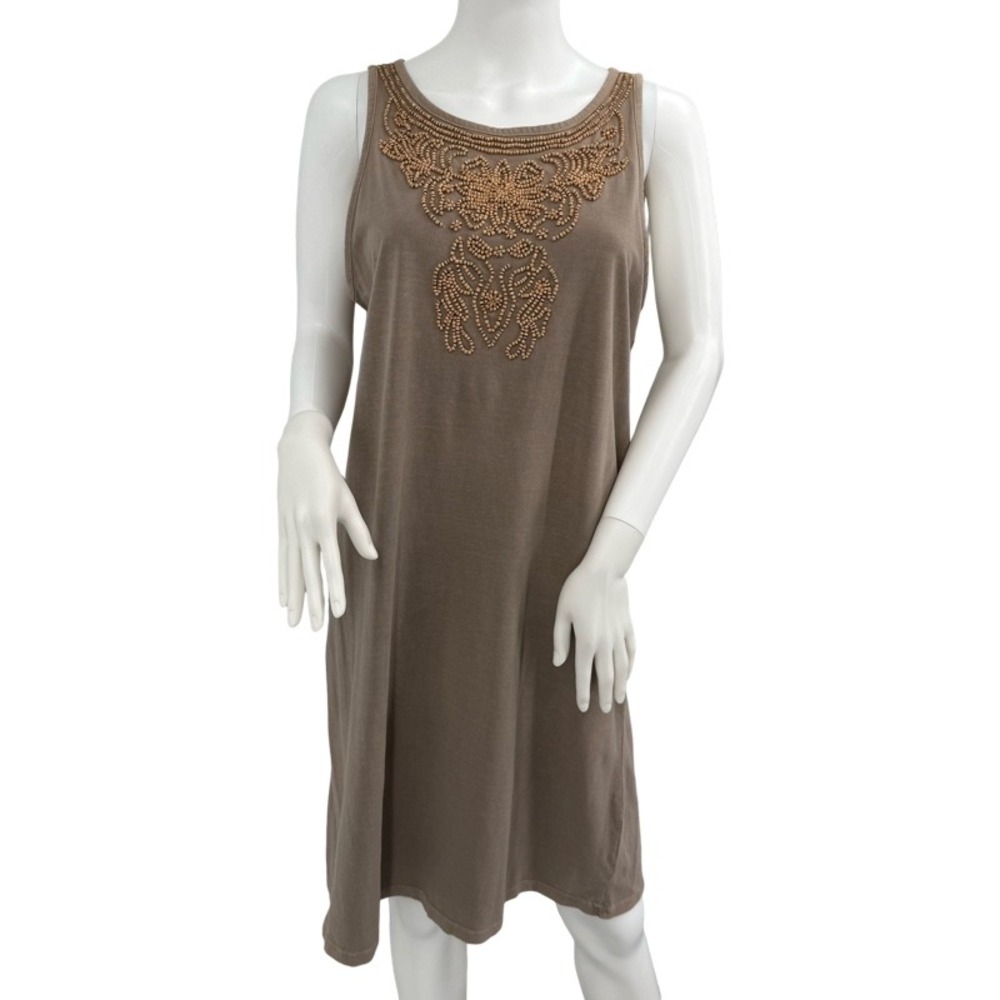THE TERRITORY AHEAD NWOT Large Sleeveless Cotton‎ Beaded Shift Dress Brown Boho